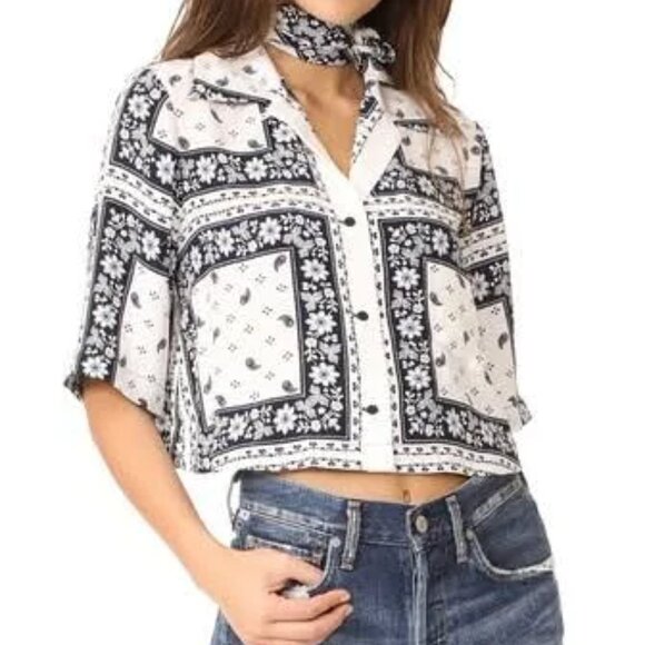 Cinq a Sept New NWT Dani Blue Floral Cropped Button Silk Shirt Top Scarf Large - Picture 2 of 10